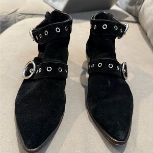 Rebecca Minkoff Black Suede Ankle Boots with Silver Buckles